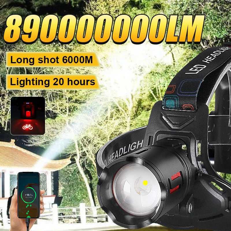 890000000LM Super Bright LED Headlamp Rechargeable Lamp Long Range 6000M Head Flashlight Outdoor Fishing Lantern LED Work Light H260307