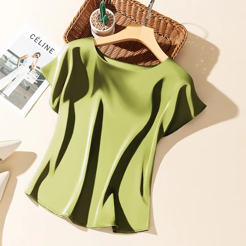 Big Size Summer Silky Acetic Acid Satin Tshirt Round Neck Women Loose Top Lazy and Versatile Acetate 260306