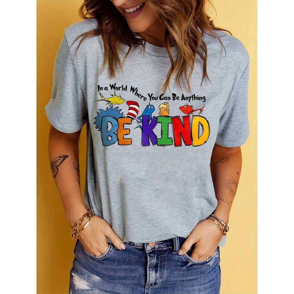Valentines-Vintage Be Kind Print T-shirt, Short Sleeve, Crew Neck, Casual Top for Summer and Spring, Women's Clothing XJ260306 XJ260306