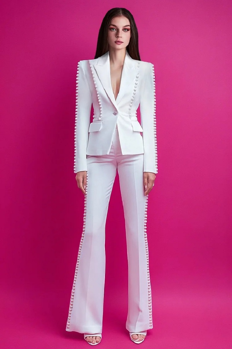Customized Women Blazer Sets Plus Size Big Pearls Beads Long Sleeve Formal Party Prom Evening Wear 2 Pieces