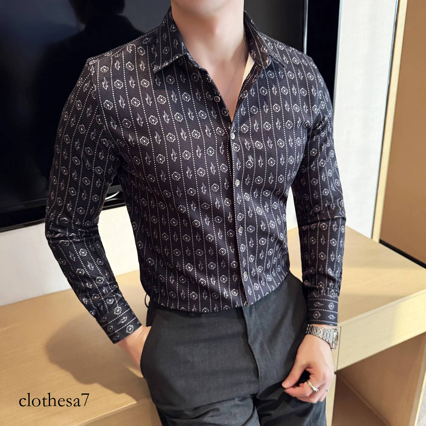 Suede Autumn and Winter Thick Men's Long Sleeved Fashionable Casual Luxury Retro Printed Slim Fit Shirt 4XL-M