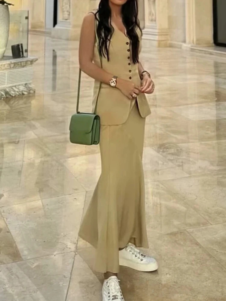 HH Womens Elegant Vest Long Skirt Set Sleeveless Vneck Tank Top High Waist Skirts Female Suit Summer Office Lady 260306