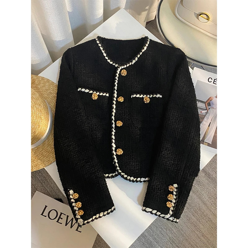 MEXZT Vintage Tweed Jacket Women Elegant Cropped Quilted Coat Commute Black Blazer Winter Ladies Korean Short Outerwear Tops 260306
