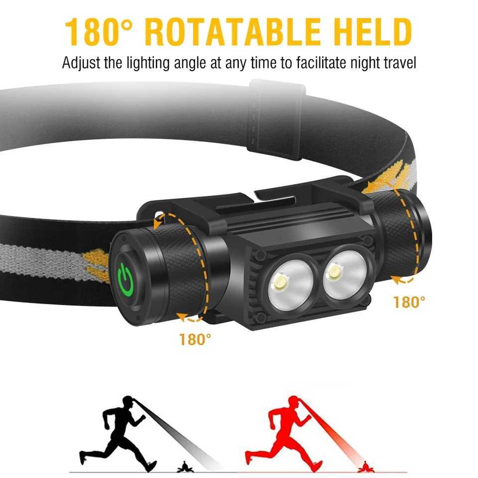 BORUiT D25 Dual LED Headlamp 2000LM Powerful Headlight Type-C Rechargeable 18650 Head Torch Waterproof Camping Fishing Lantern H260307