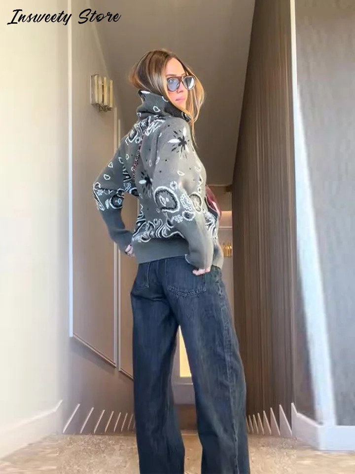 Fashion Knit Printed Sweater Womens Stand Collar Long Sleeve Zippers Vintage Style Cardigan 2026 Spring Lady Casual Top 260305