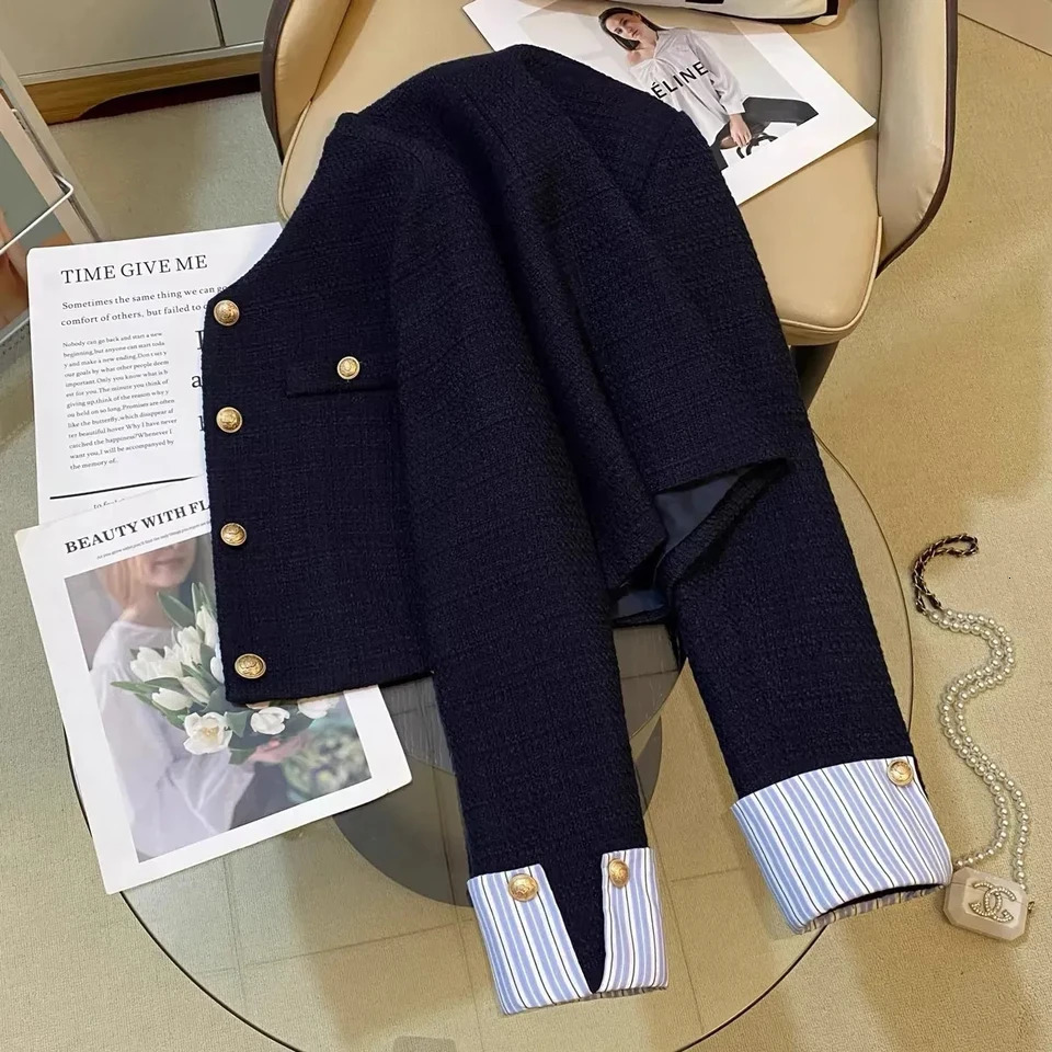 Navy Nlue Small Fragrant style Suit Jacket For women Spring autumn Round neck French Fashion Splicing Short Top 260306