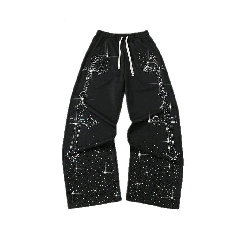 Luxury Brand Designer Clothes New European And American Style Cross-Studded Star Pants For Men And Women, Black Trendy Drawstring Elastic Waist Wide-L
