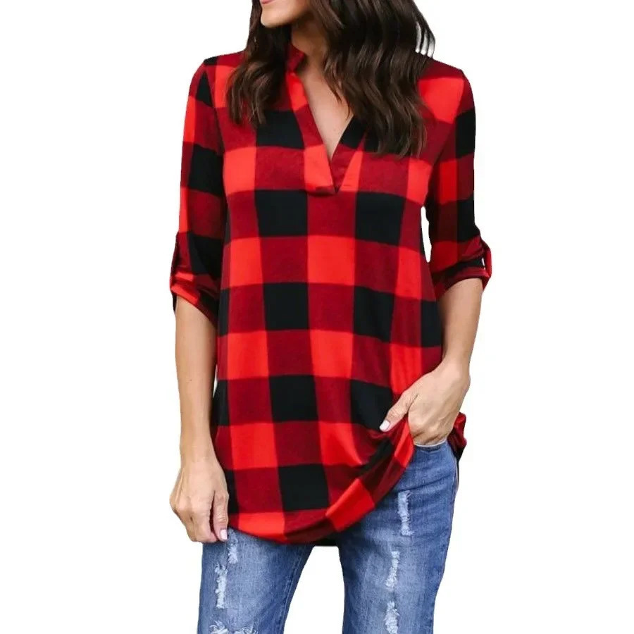 Fashion Plaid Vneck TShirt Woman Top Summer T Shirt Women Clothes Ladies Tops Casual Beach Sun Blusas 260228
