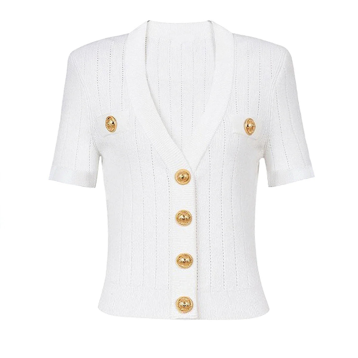 SML Black And White Highquality Fashionable Elastic Knitted Fabric Button Decoration Short Sleeved Slim Fitting Womens Tshirt 260306