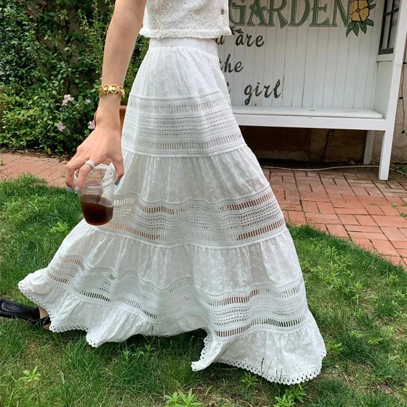 Embroidery Eyelet Cut-out Maxi Skirt White Cotton Semi Sheer Flowy Long Skirt Women Boho Summer Vacation Fairycore Outfit 260306