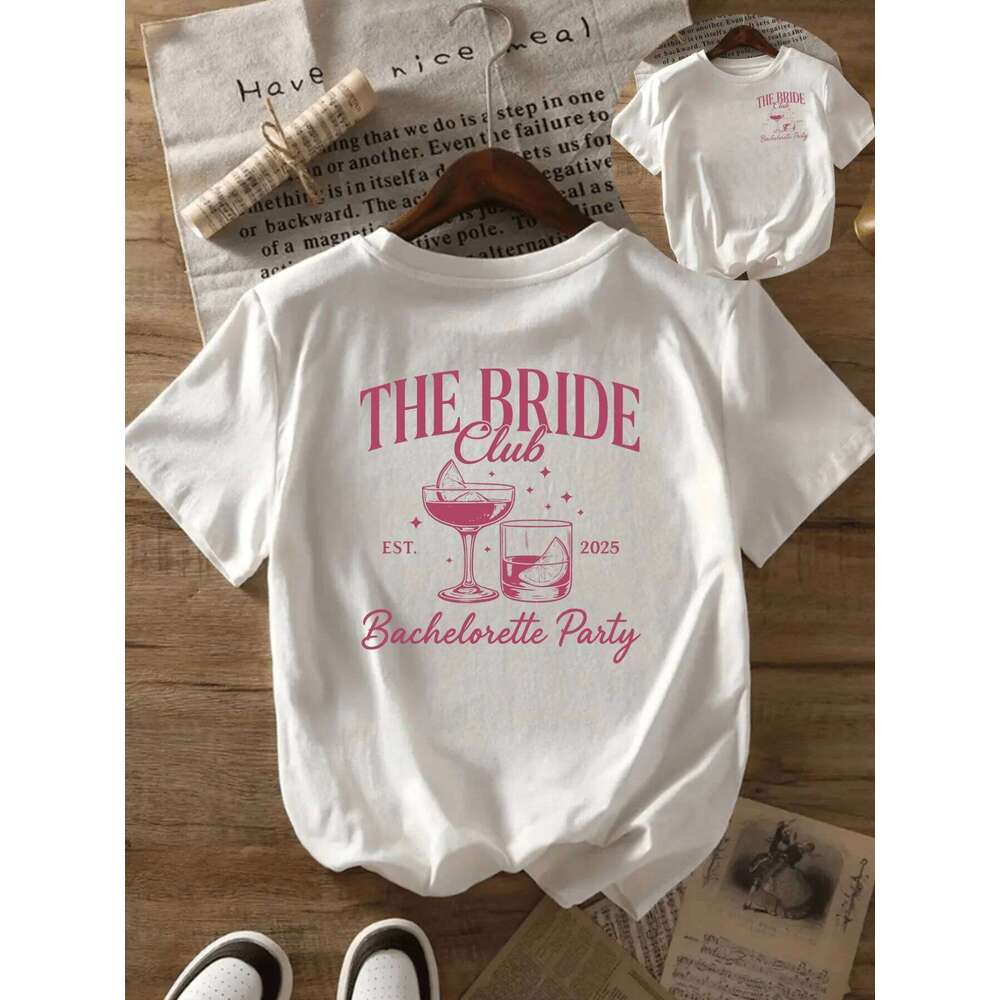 Women'S "The Bride Club" Graphic Tee White with Pink Lettering Wine Glass Design Perfect for Spring Summer Wedding Guest XJ260306 XJ260