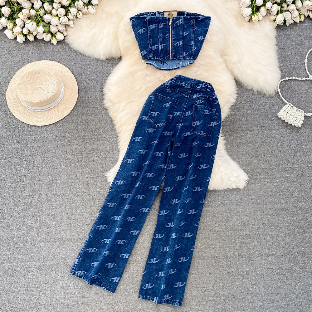 Fashion Set Womens American Style Bra Denim Tank Top Two Piece Casual High Waist Slim Straight Leg Pants 240409