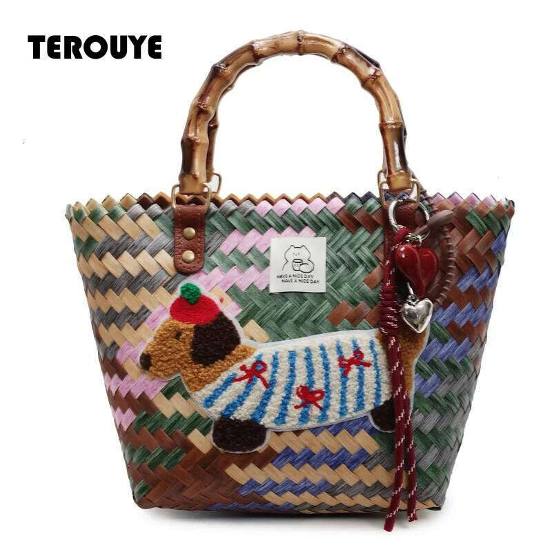 Vintage Striped Hand Woven Vegetable Basket Handbag For Women, Large Capacity Commuting Bag, Hand-Held Bucket Bag TEROUYE