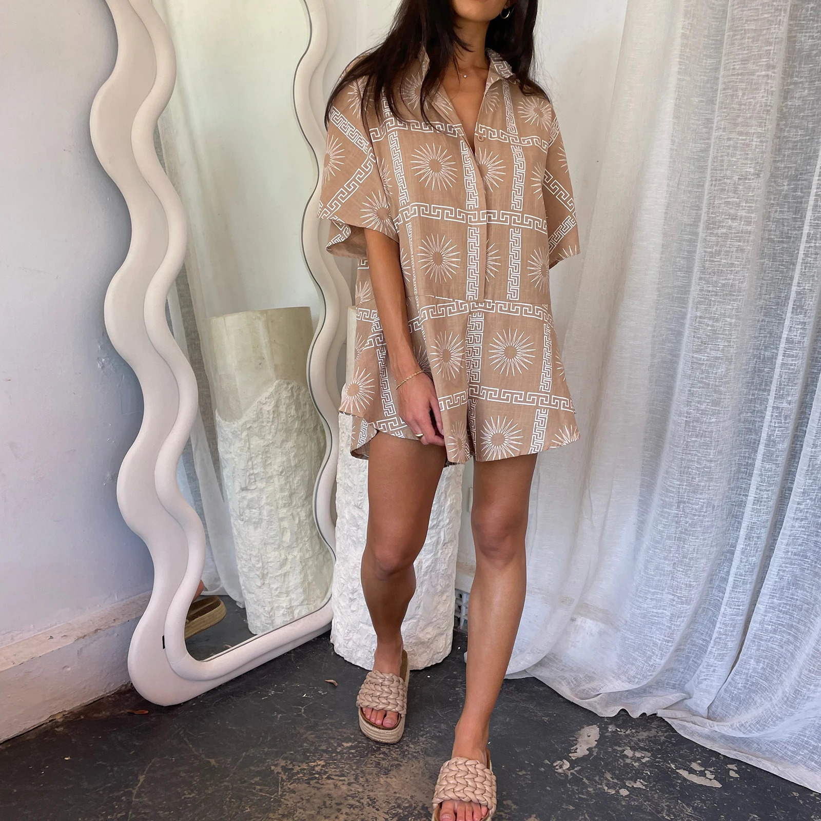 Hirigin Women Graphic Shorts Romper Short Sleeve Buttons Jumpsuit Boho Floral Loose Fit Belted Playsuit Summer Beachwear 260306