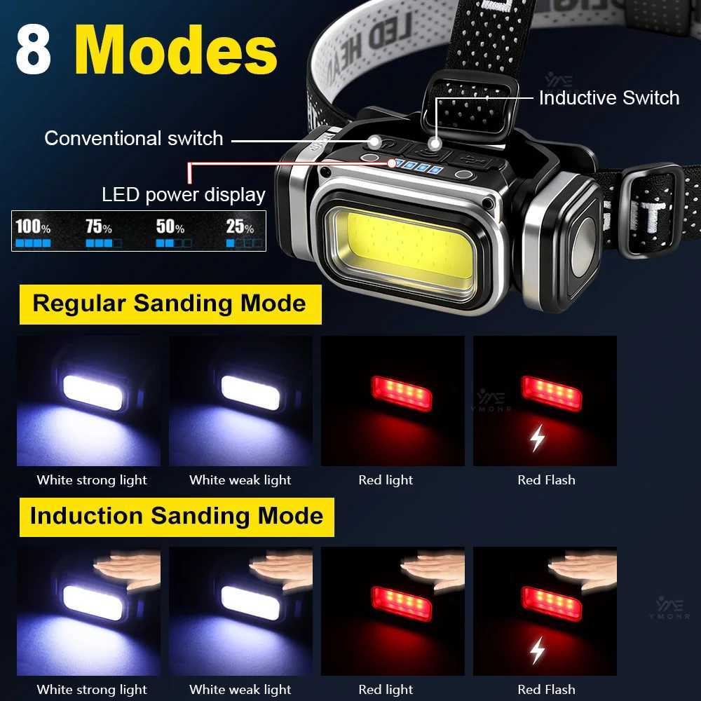 10000LM Ultra Bright LED Headlamp Motion Sensor Headlight 18650 EDC Head Led Light USB Rechargeable Lamp Outdoor Camping Running H260307