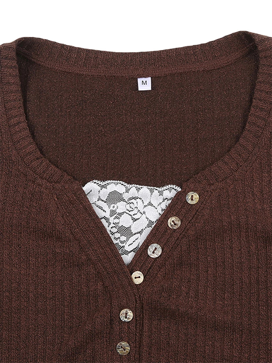 Women Button Front Knit Tops Long Sleeve Lace Patchwork Slim Fit Sweater Fall Fairy Grunge Gothic Y2K Clothes 260306
