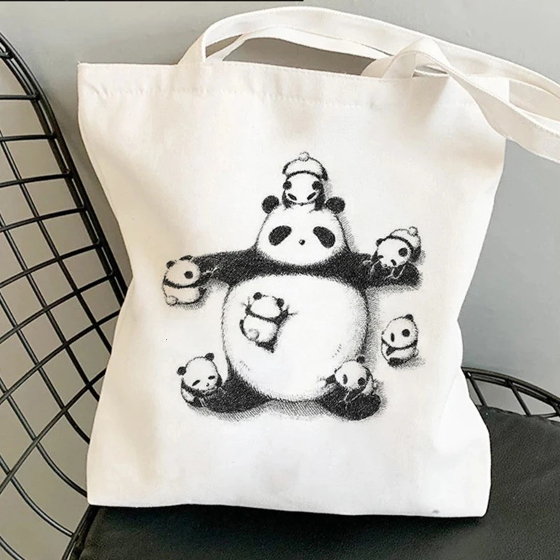 Cartoon Panda Canvas Shoulder Bag Cute Minimalist Pandas Tote Handbag Womens Casual for Shopping Travel Daily 260307