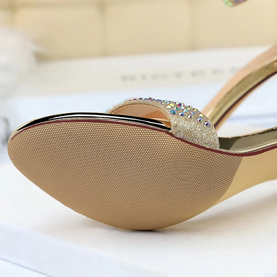 Women Summer Sandals 85cm High Heels Rhinestone Crystal Middle Heels Ankle Strappy Sandles Lady Wedding Event Party Gold Shoes 260306