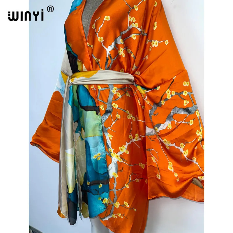 WINYI Summer Beach Wear Swim Suit Cover kaftan sweet lady boho Cardigan stitch Self Belted sexy Holiday long Sleeve Kimono 260228