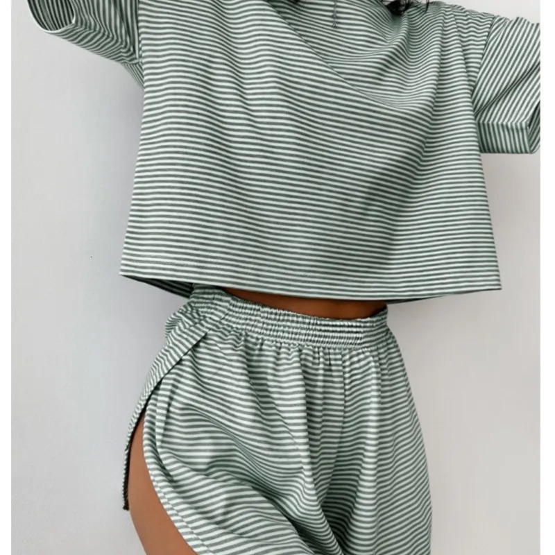 Womens Stripe Pajamas Set Short Sleeve O Neck TShirtSide Slit Shorts Sleepwear 2 Piece For Lady Home Casual Loose Outfits 260306
