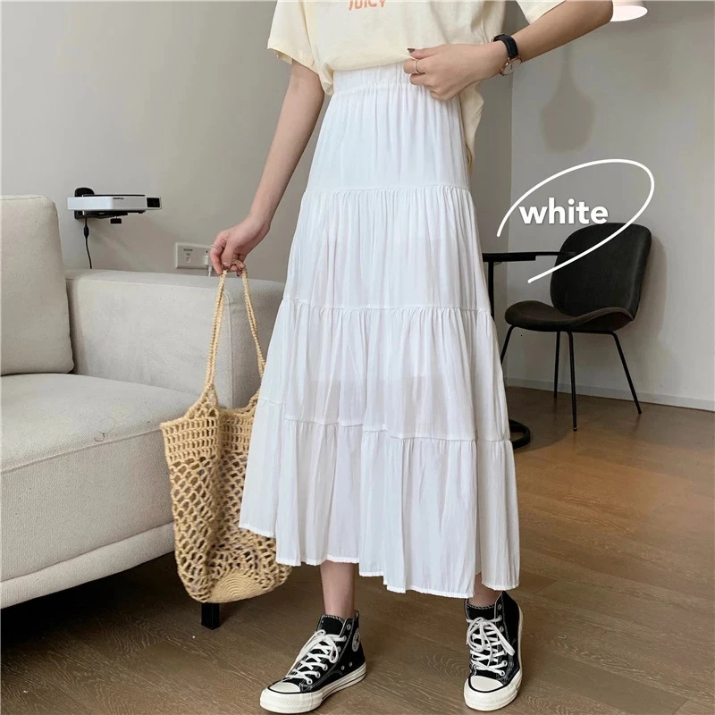Spring Summer Women Chiffon Skirts Vintage High Waist Elastic Patchwork White Black Chic Long Cake A-line Skirt for Student 260228