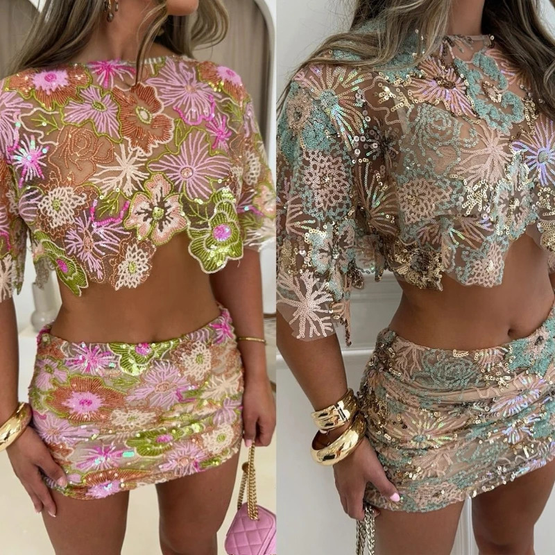 Printed Crop Top Skirts Set Women Embroidery Sequin Sexy See Through Short Sleeve Shirt Slim Fit Skirt Summer Beach Outfit 260306