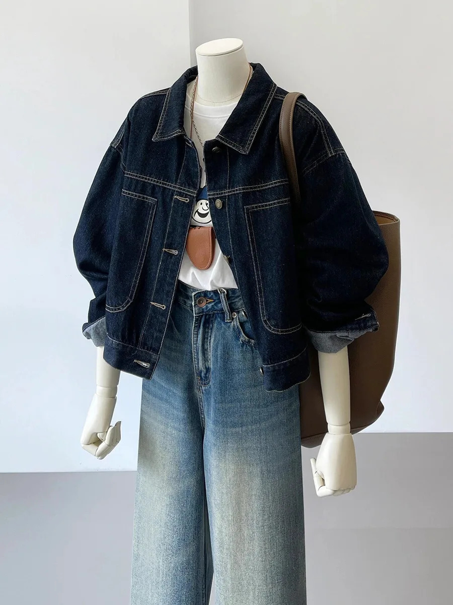 Spring and Autumn Korean Version Casual and Comfortable Pocket Thin Shirt Navy Blue Short Denim Jacket Womens Work Style 260303