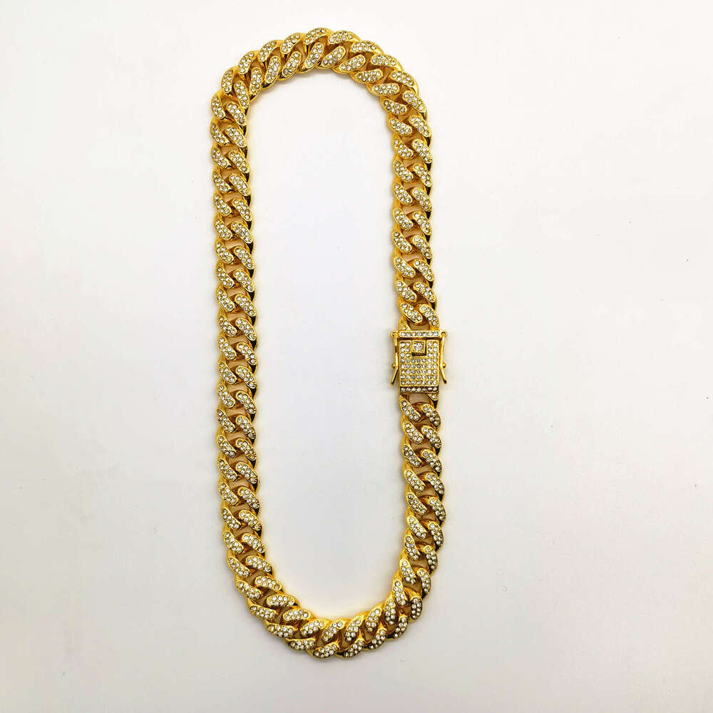 European and American Alloy 12mm Round Full Diamond Buckle Necklace Hip Hop Cross-Border Wholesale Cool High-Quality Cuban Chain