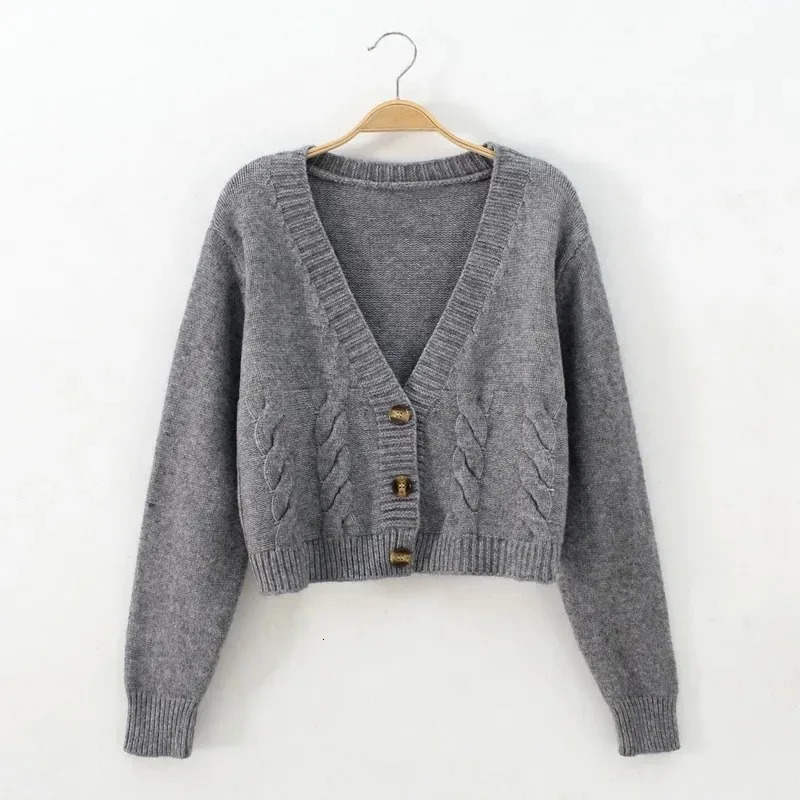 V Neck Cropped Cardigan Women Long Sleeve Twist Knitted Sweater Coats Autumn Winter Keep Warm Korean Fashion Jacket Cardigan 260305