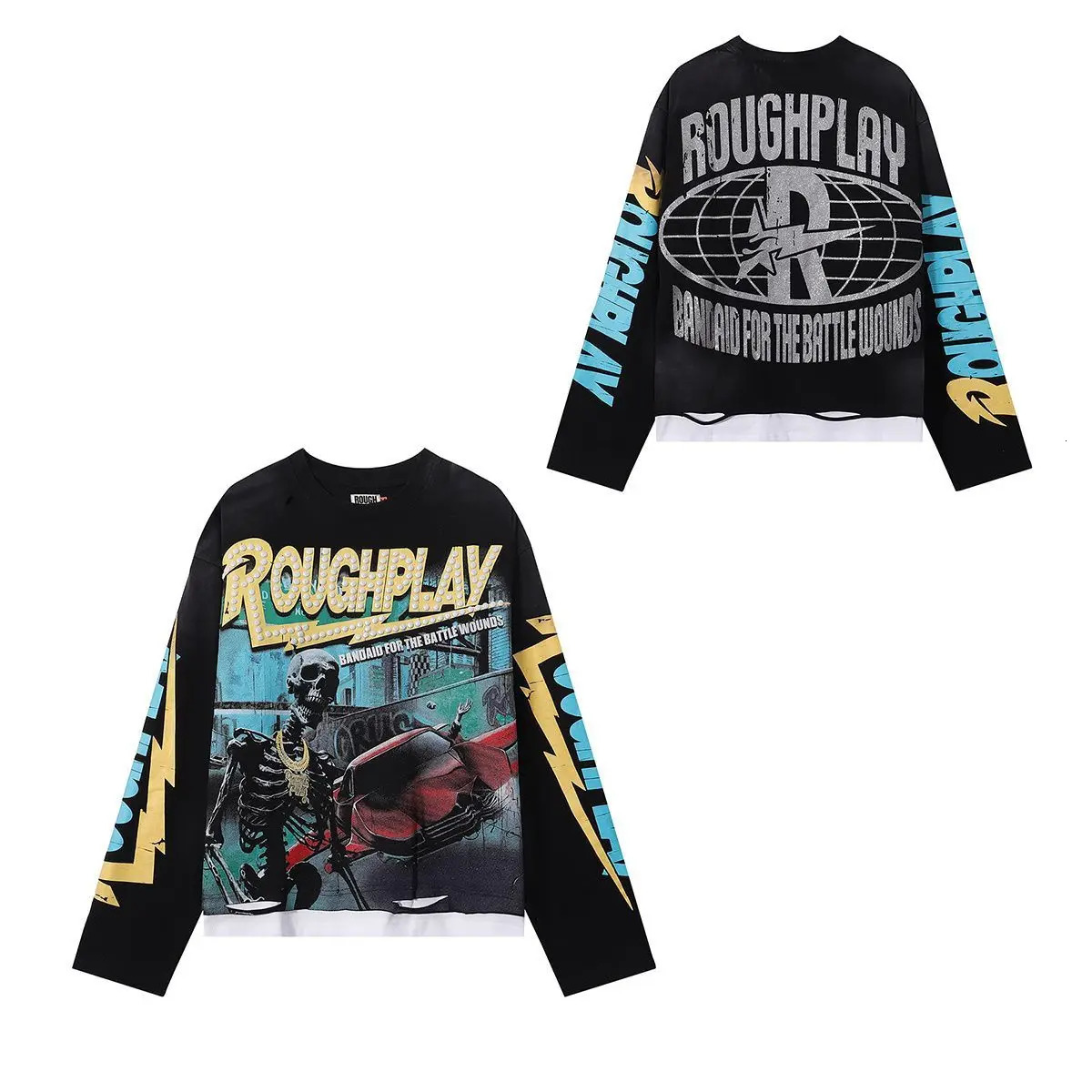 Roughplay American Cotton Retro Style Long Sleeve Men Women Jesus Print Skull Rockabilly Washed Out T-Shirt Vintage Tee 260303