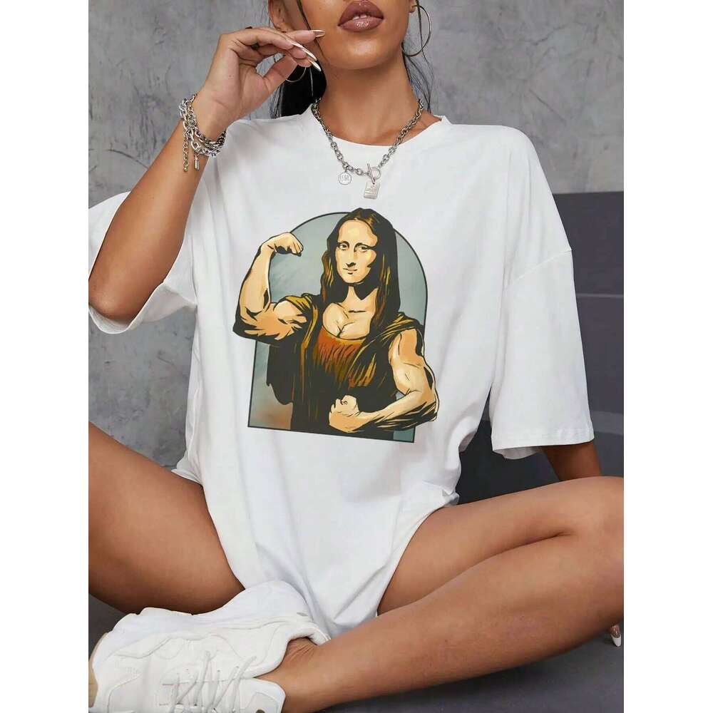 Playing Pranks On Mona Lisa Fitness Print Womens T Shirt Oversized T-Shirt Casual Short Sleeve Cotton Loose Tshirt XJ260306