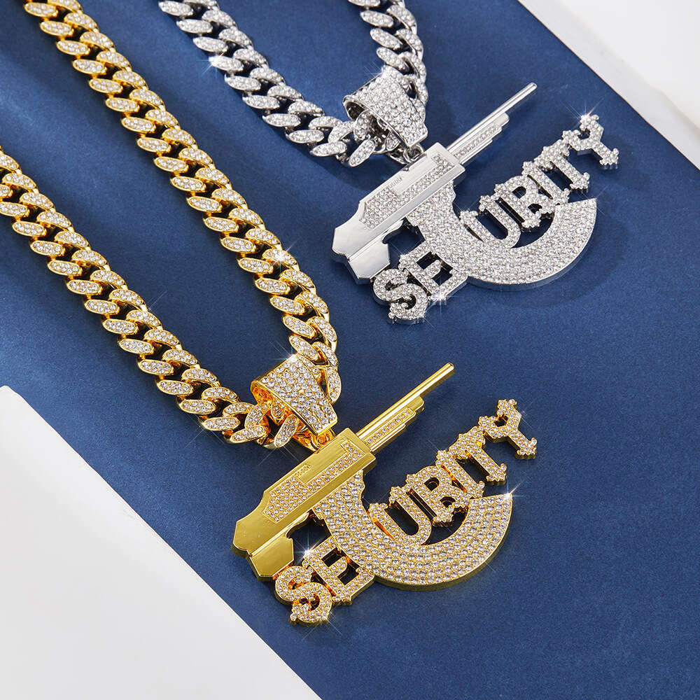 European and American hip-hop pendant SECURITY letter pistol high-quality domineering alloy rhinestone Cuban chain necklace accessory