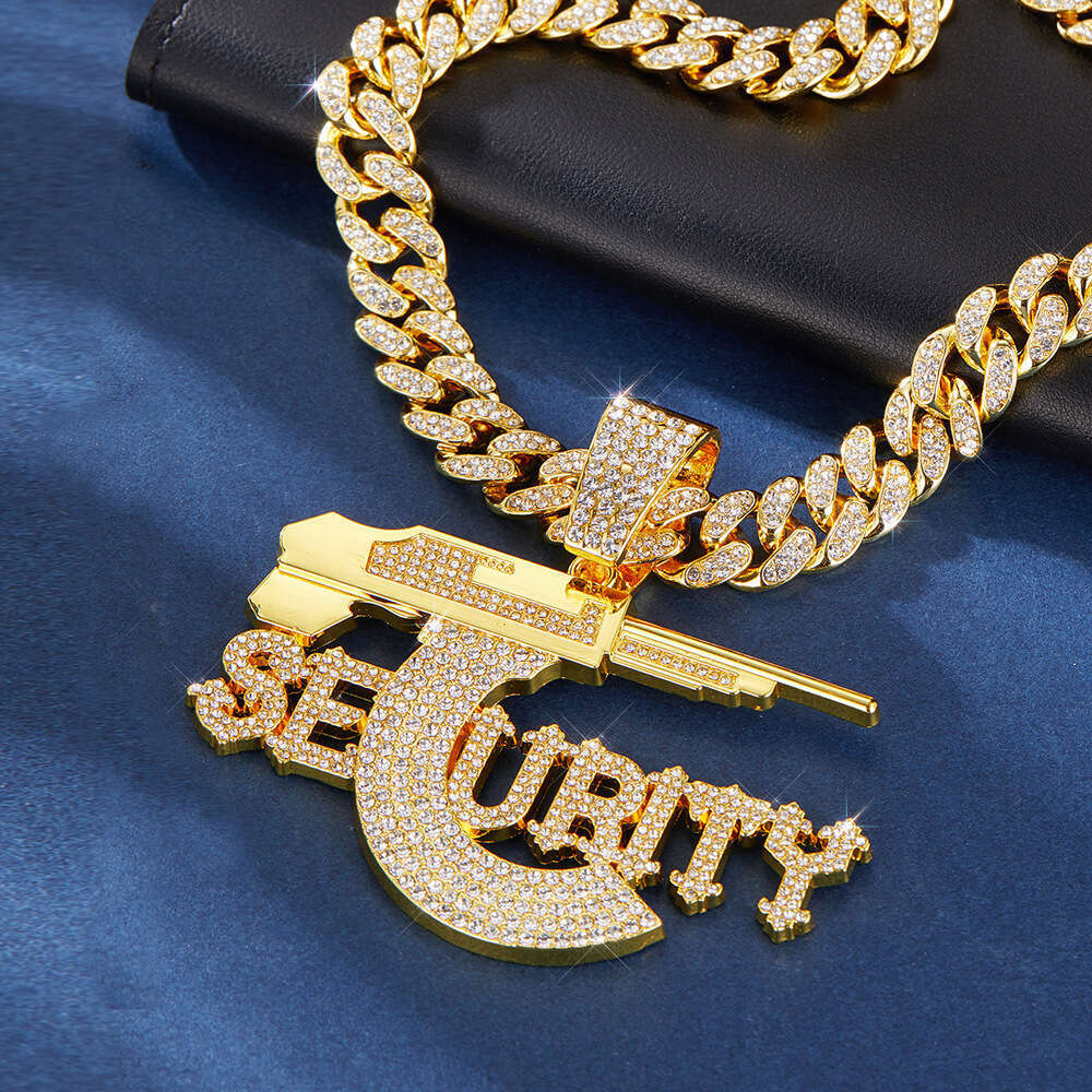 European and American hip-hop pendant SECURITY letter pistol high-quality domineering alloy rhinestone Cuban chain necklace accessory