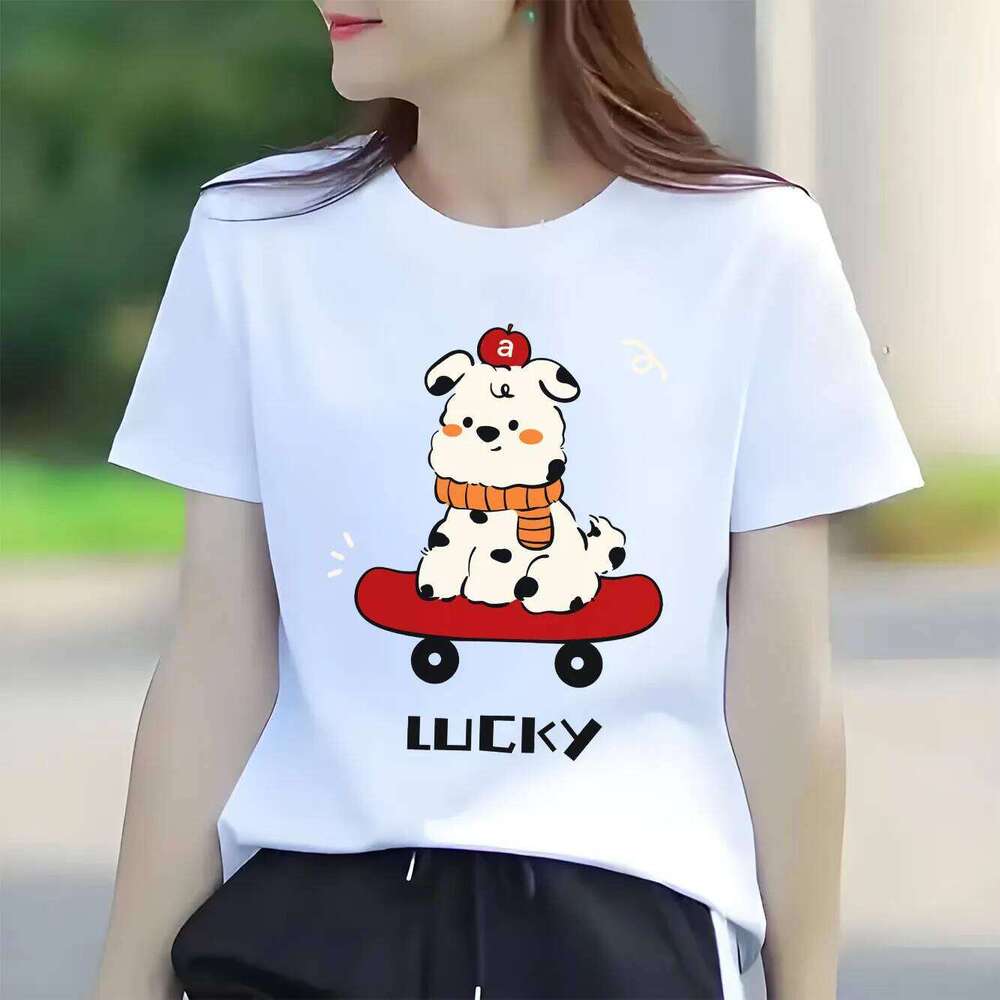 Fashionable Dog Skateboarding Fun Printed Pattern Short Sleeve Round Neck Casual Versatile Women's T-shirt XJ260306 XJ260306