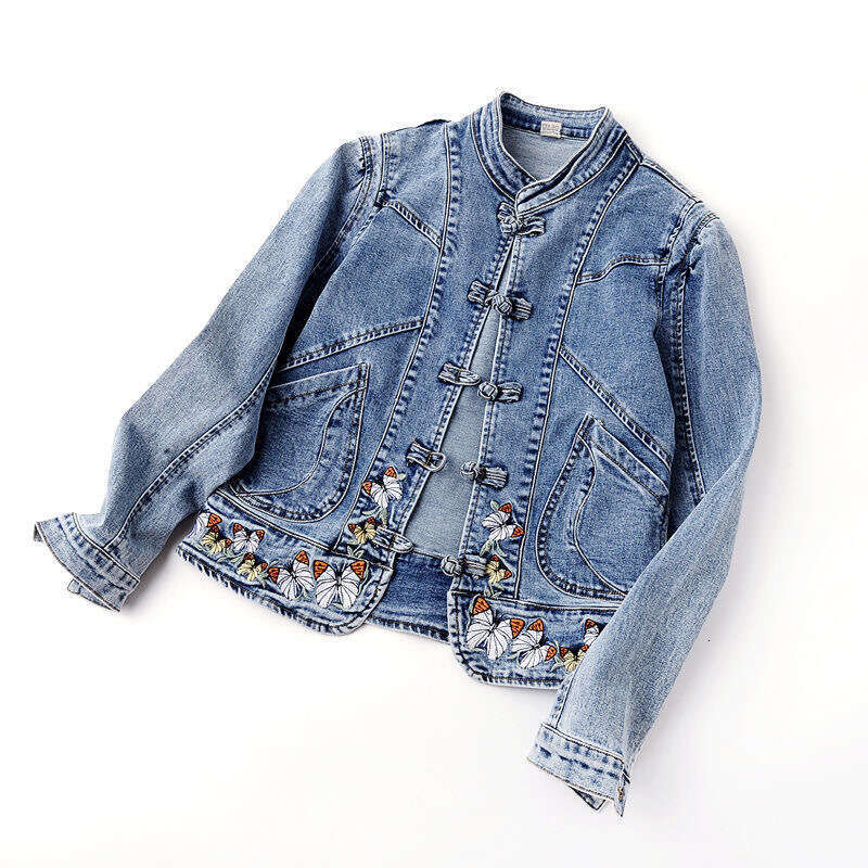 Mardi Hefxessdr 2023 Autumn New Chinese Style Embroidered Stretch Denim Women, Loose Vintage Trendy Short Jacket Top for Women
