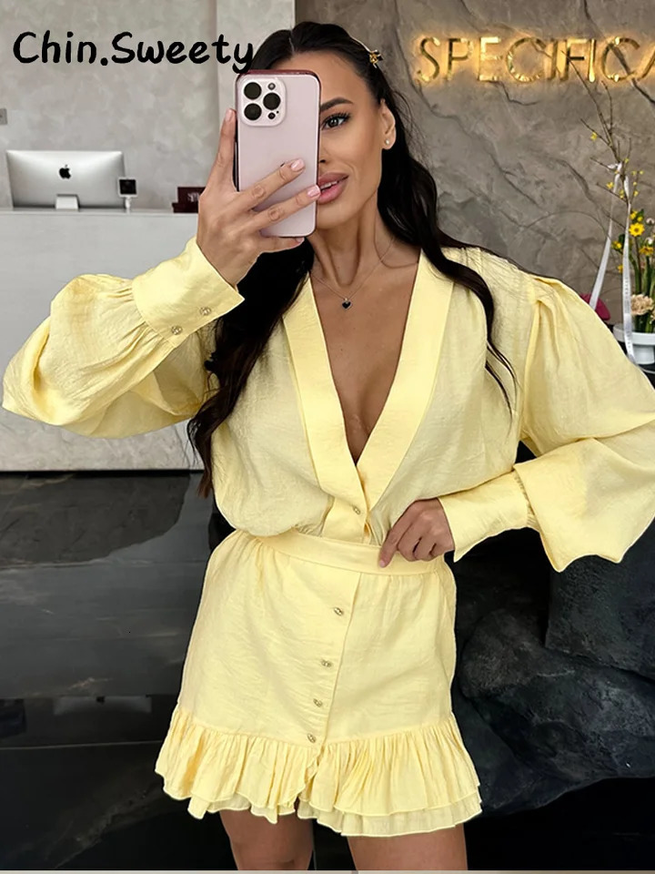 Elegant Asymmetric Cascading Ruffles Mini Dress Women Loose Solid V-neck Full Sleeve Button Summer Dresses Lady Robes 260306