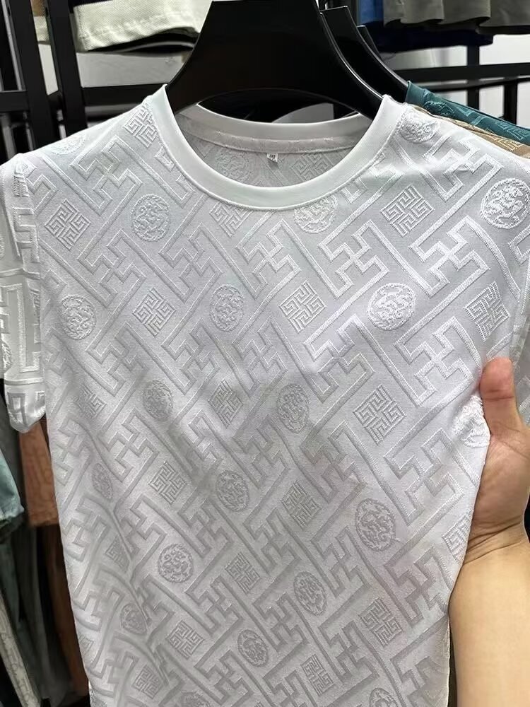 High-End Fashion Daily Luxury Clothing Foreign Trade Men's New Short Sleeve T-Shirt Round Neck Half Sleeve Summer Ice Silk T-Shirt Top Trendy One