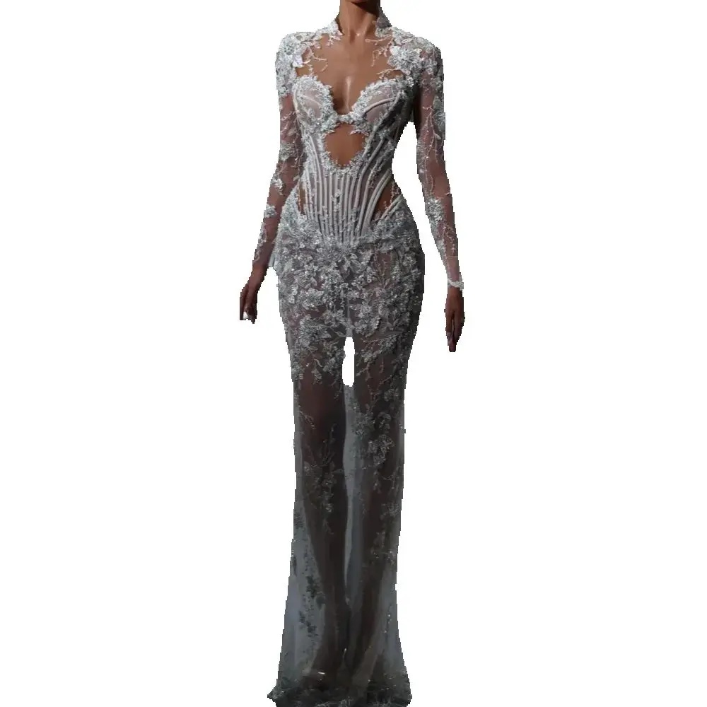Vintage High Neck Sheath Wedding Dress Elegant Long Sleeve Sequined Bridal Dress See Through Customized vestido de novia