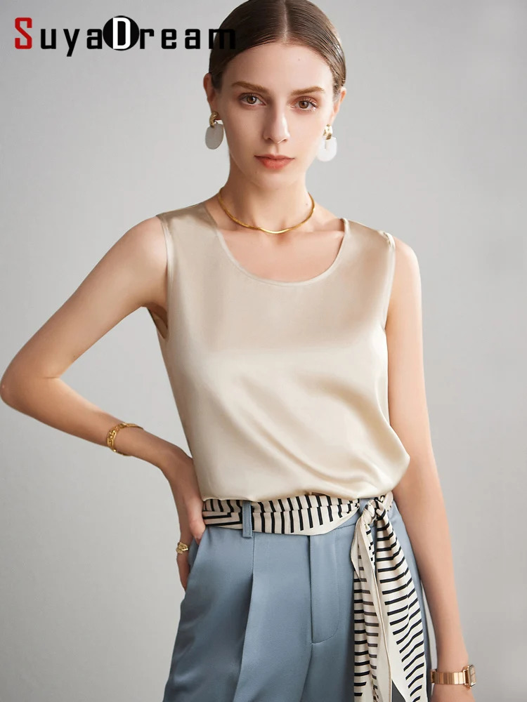 SuyaDream Women Basic Cozy Tanks 100Real Silk O neck Sleeveless Chic T Shirt Solid Summer Vests White Pink Beige 260306