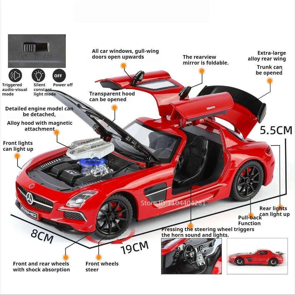 1:24 SLS SLE Alloy Car Miniature Toys Diecast Model Doors Opened Sound Light Rear Wheel Pull Back Vehice Kid Exquisite Ornaments Z260307