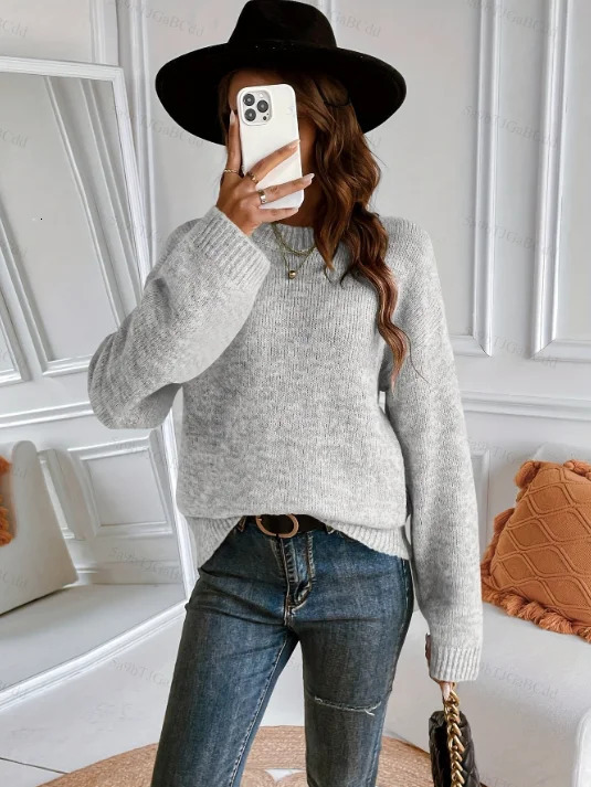 Ladies Elegant Solid Color Knitted Sweater Essential for Daily Outings Comfortable Fashionable Casual Wear 260306