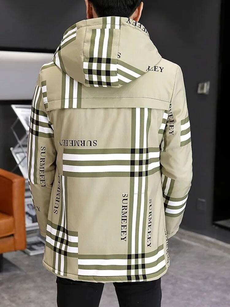 2024 Spring and Autumn New Fashion Checkered Long Hooded Trench Men's Casual Loose Comfortable Windproof Large Size Coat