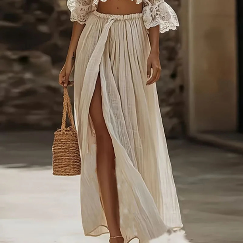 Womens Bohemian Lace Two Piece Set Sexy Deep V Neck Crop TopHigh Waist Slit Maxi Skirt Vacation Outfit Flare Sleeve Hollow Suit 260306