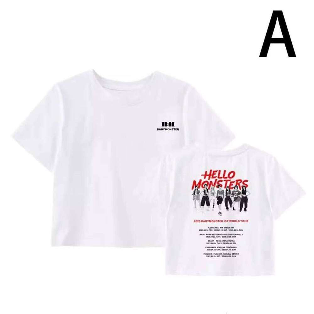Kpop BABYMONSTER Song HELLO MONSTERS Letter Printed Cotton Top Summer Women'S Casual Harajuku O-Neck Short Sleeves XJ260306 XJ260306