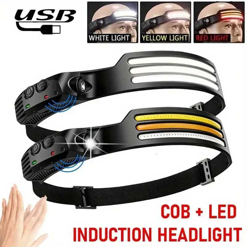 COB LED Headlamp 1 2 3 Wire Selection 5 Light Modes USB Rechargeable Waterproof for Outdoor Emergency Work Mining Caving H260307