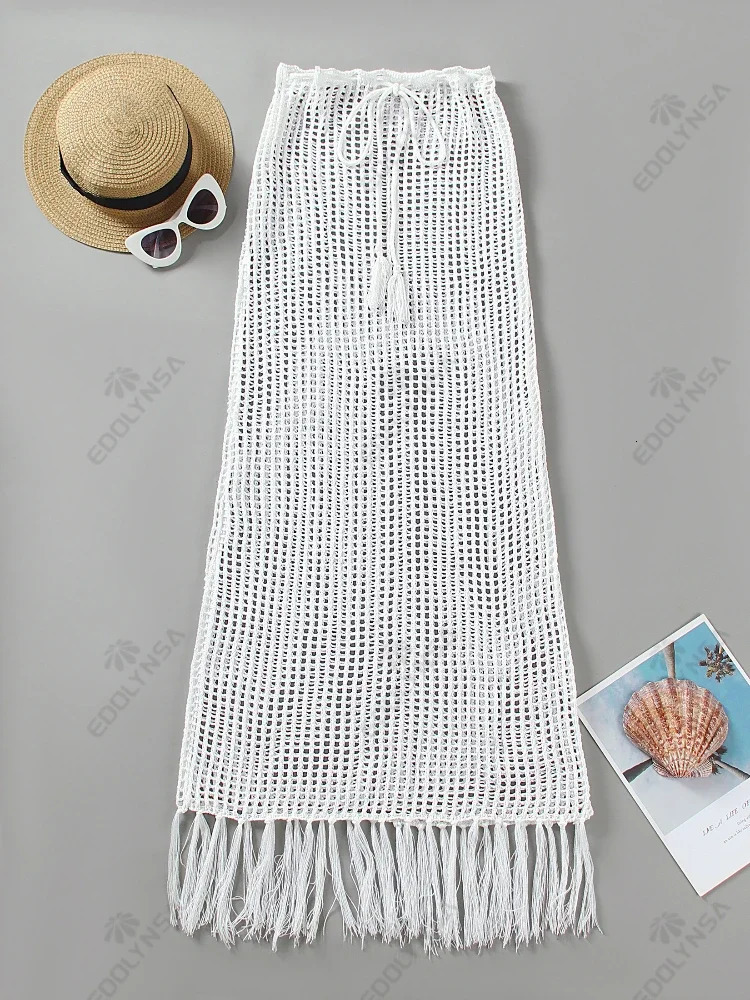 Sexy Summer Knit Cut Out Beach Half Skirt Women Chic Drawstring Fringed Casual Wrap Skirts 2026 Pool Party Swimwear Cover Up K50 260306