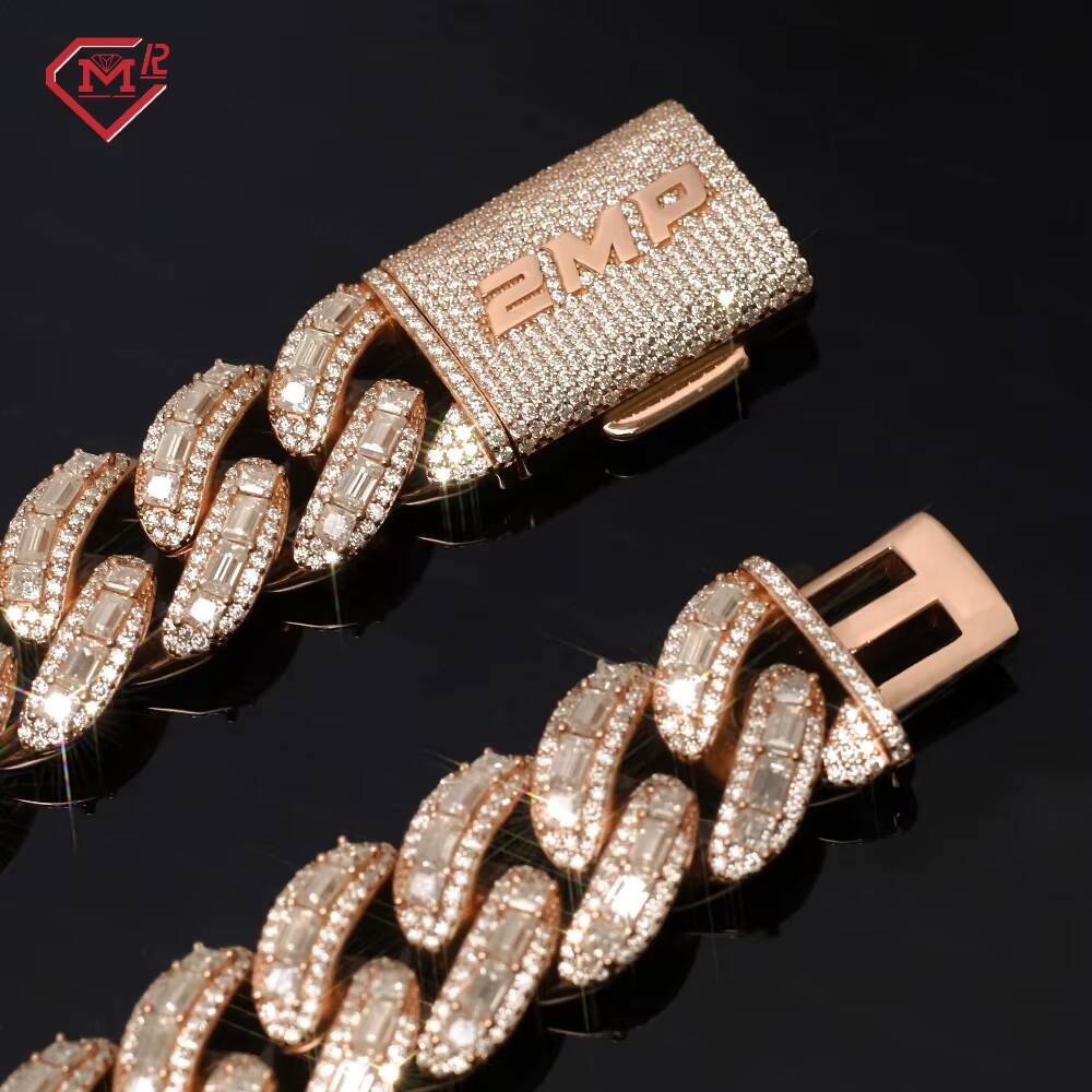 Luxury Rappers Iced Out Rose Gold Chain Emerald Cut Moissanite Cuban Link Chain Mens Hip Hop Miami Chain