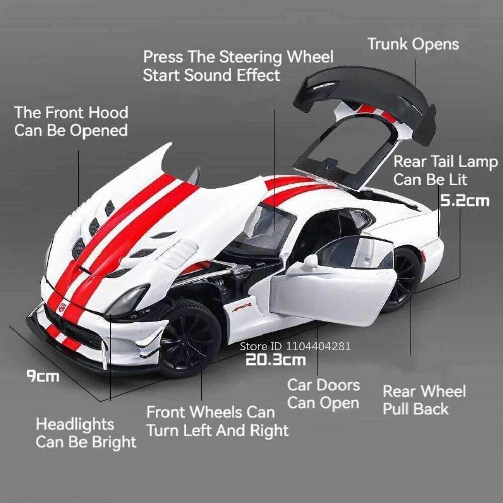 1:24 Viper Charger Diecast Exquisite Model Alloy Car Toys Sound Light Pull Back Doors Opened Sport Cars Birthday Present for Boy Z260306