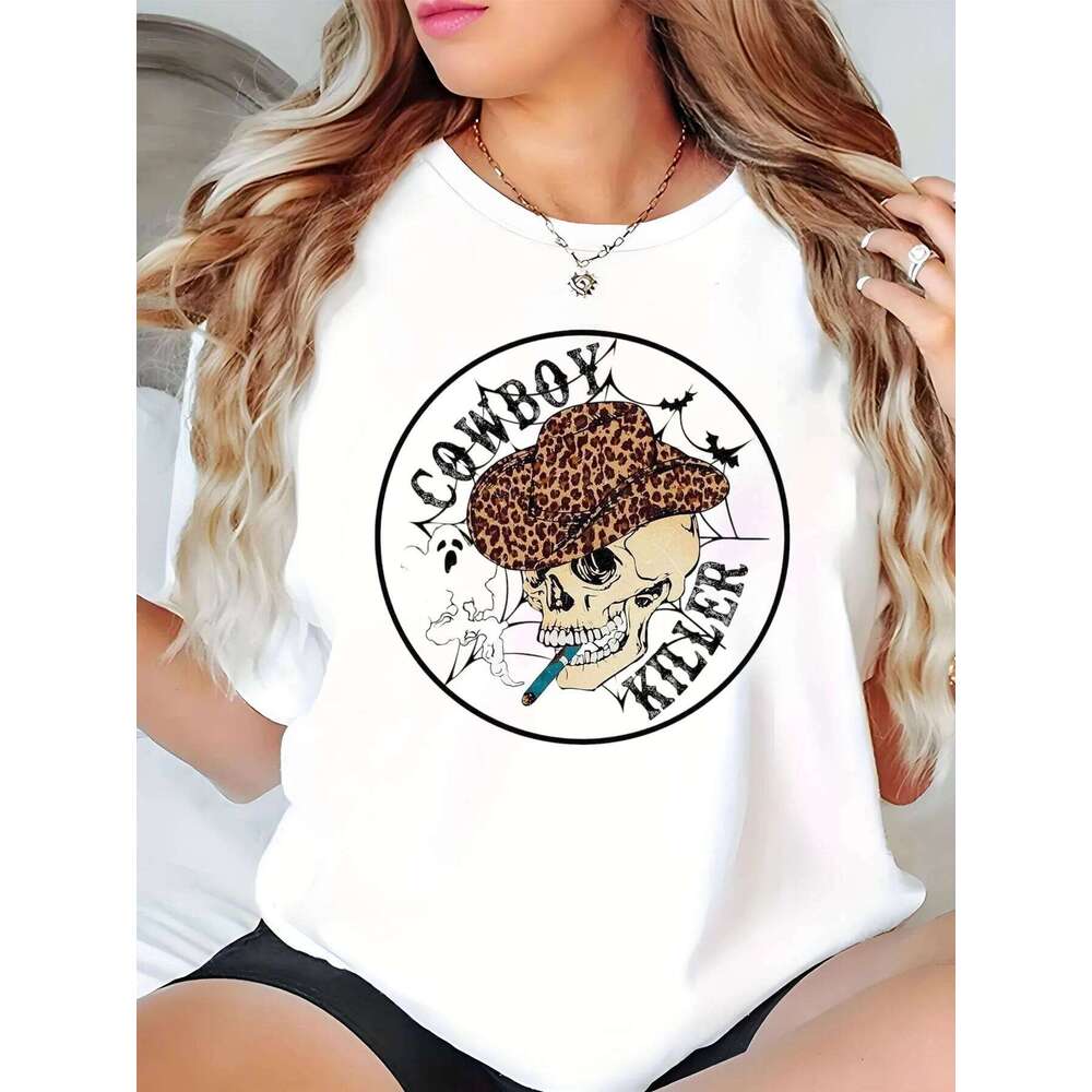 Halloween Leopard Cowboy Skull Print Women's T-Shirt XJ260306 XJ260306