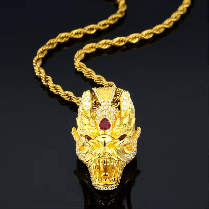 New Hip Hop 18K Gold Plated 925 Sterling Silver Moissanite Iced Out Animal Jewelry Dragon Pendant Necklaces for Women Men